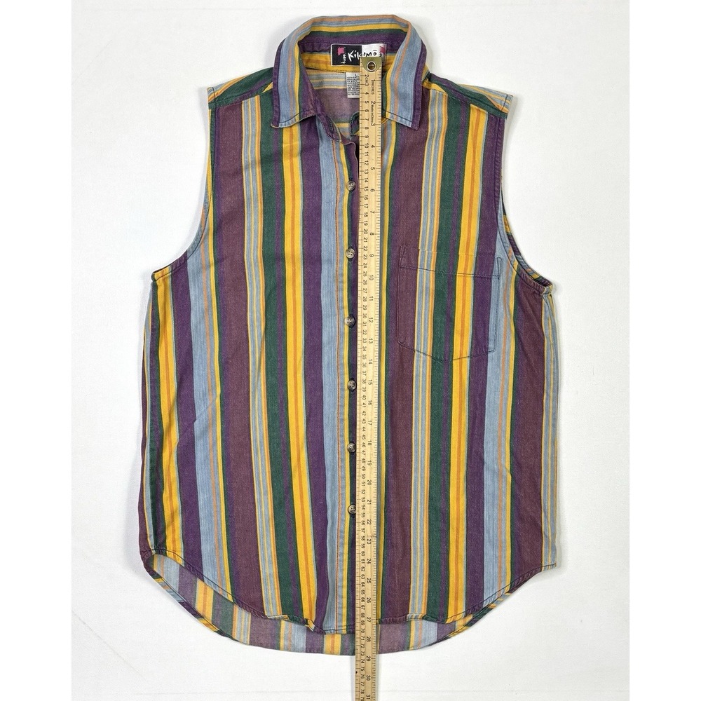 Vintage Kikomo Sleeveless Shirt Women's Large Button Up Striped Purple Orange - Picture 5 of 8